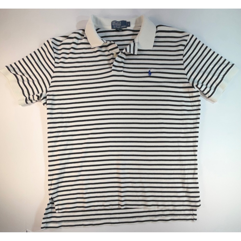 Polo Ralph Lauren Mens Large Blue White Striped Short Sleeve Cotton Polo Shirt